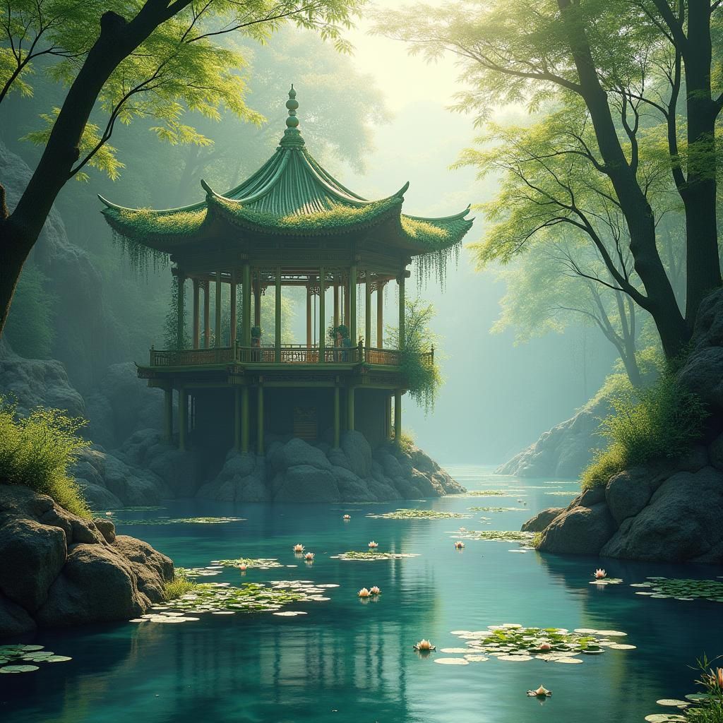 Floating Bamboo Pavilion on Winding River