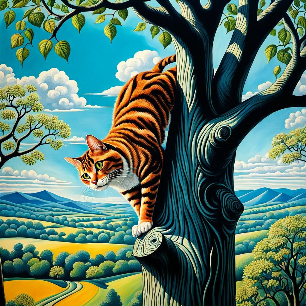 Cat Climbing Tree in Zentangle Art Deco Style