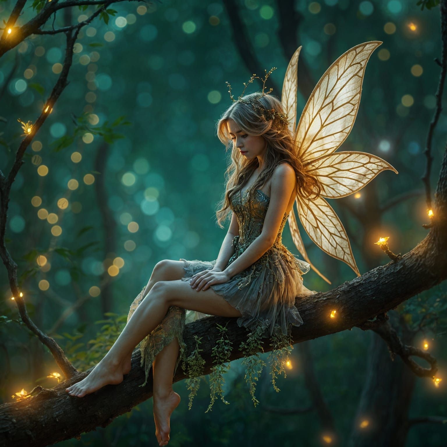 Bioluminescent Forest Fairy Sitting on Tree Branch
