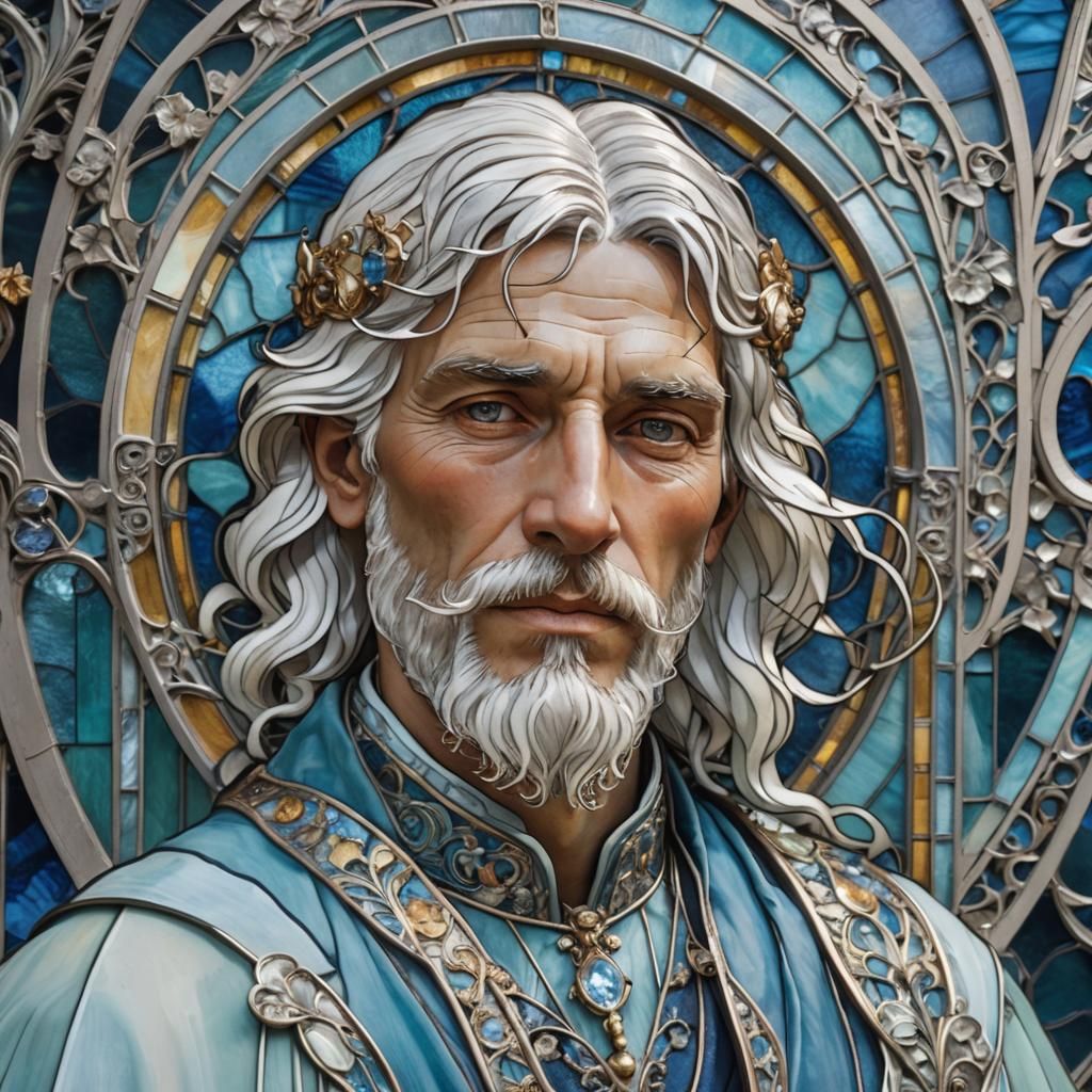 Nordic Man in Stained Glass, Alphonse Mucha Style