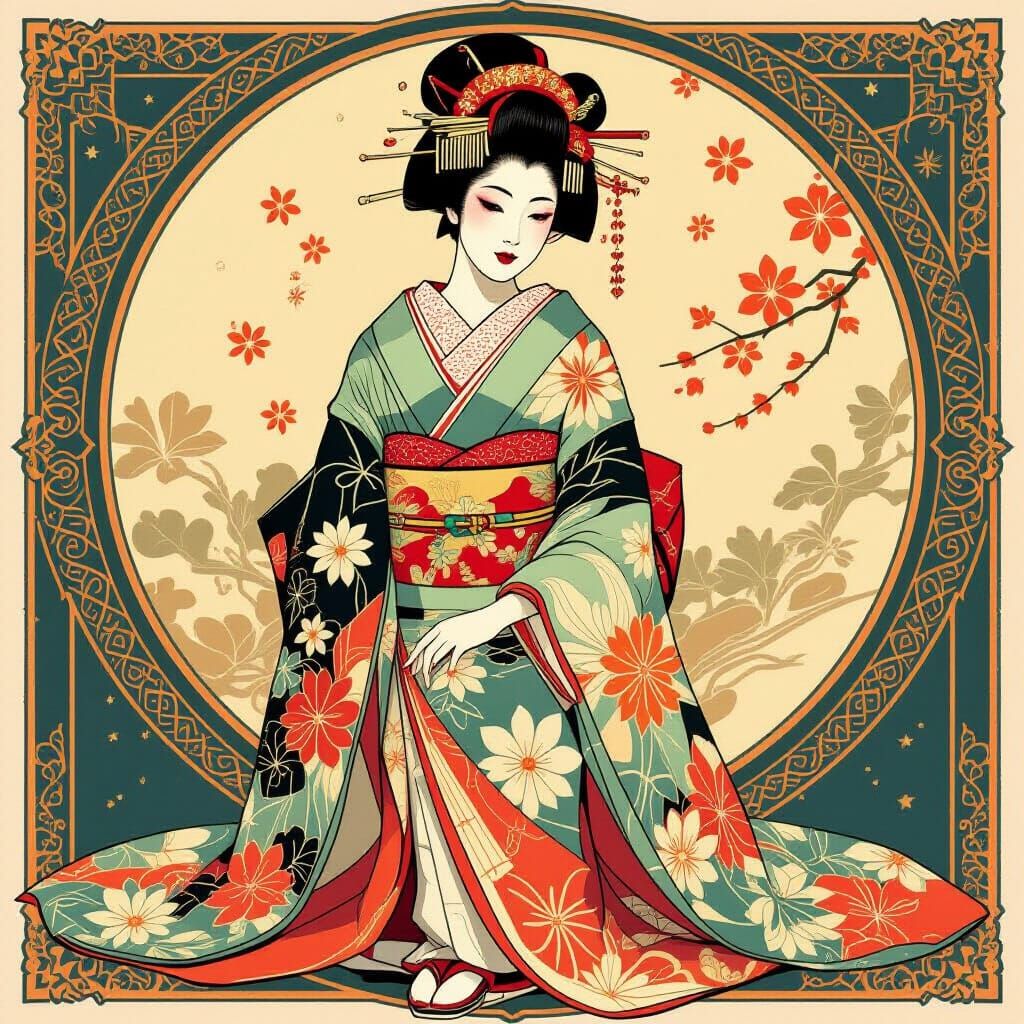 Elegant Geisha in Art Nouveau and Pop Art Style