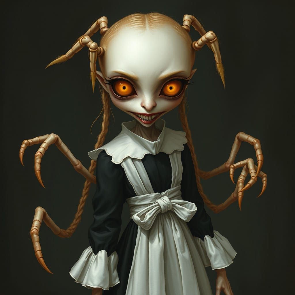Surreal Gaunt Girl with Arachnid Features and Puritan-Era At...