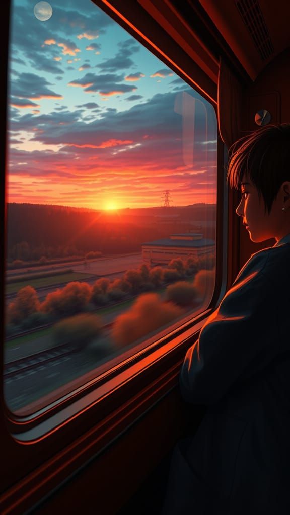 Train Window View at Sunset in Anime Style