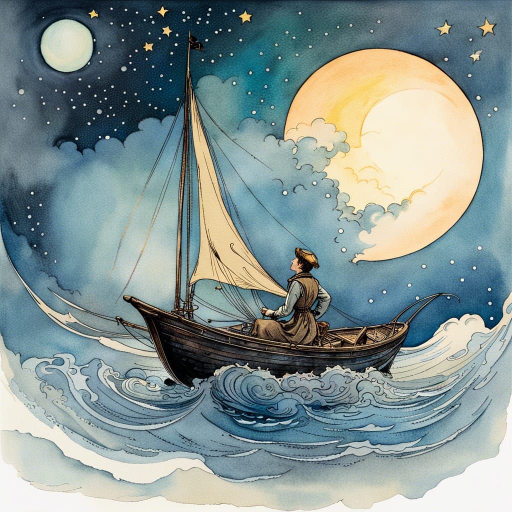 Fairytale Man Sails from Sun to Moon in Watercolor