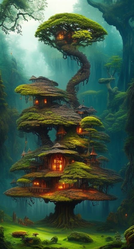 Fantasy Treehouse on Bonsai Tree: Digital Black Fantasy