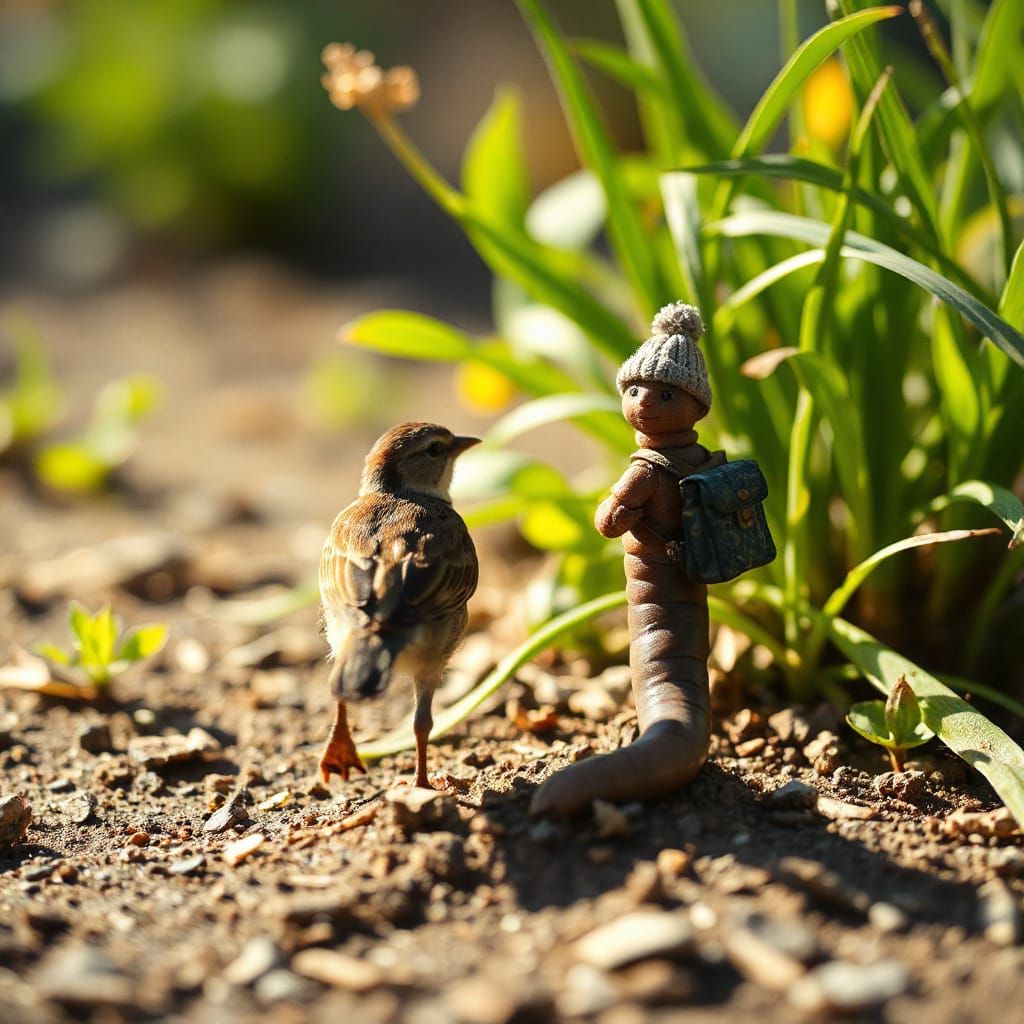 Sparrow and Worm Adventure in Warm Sunlight
