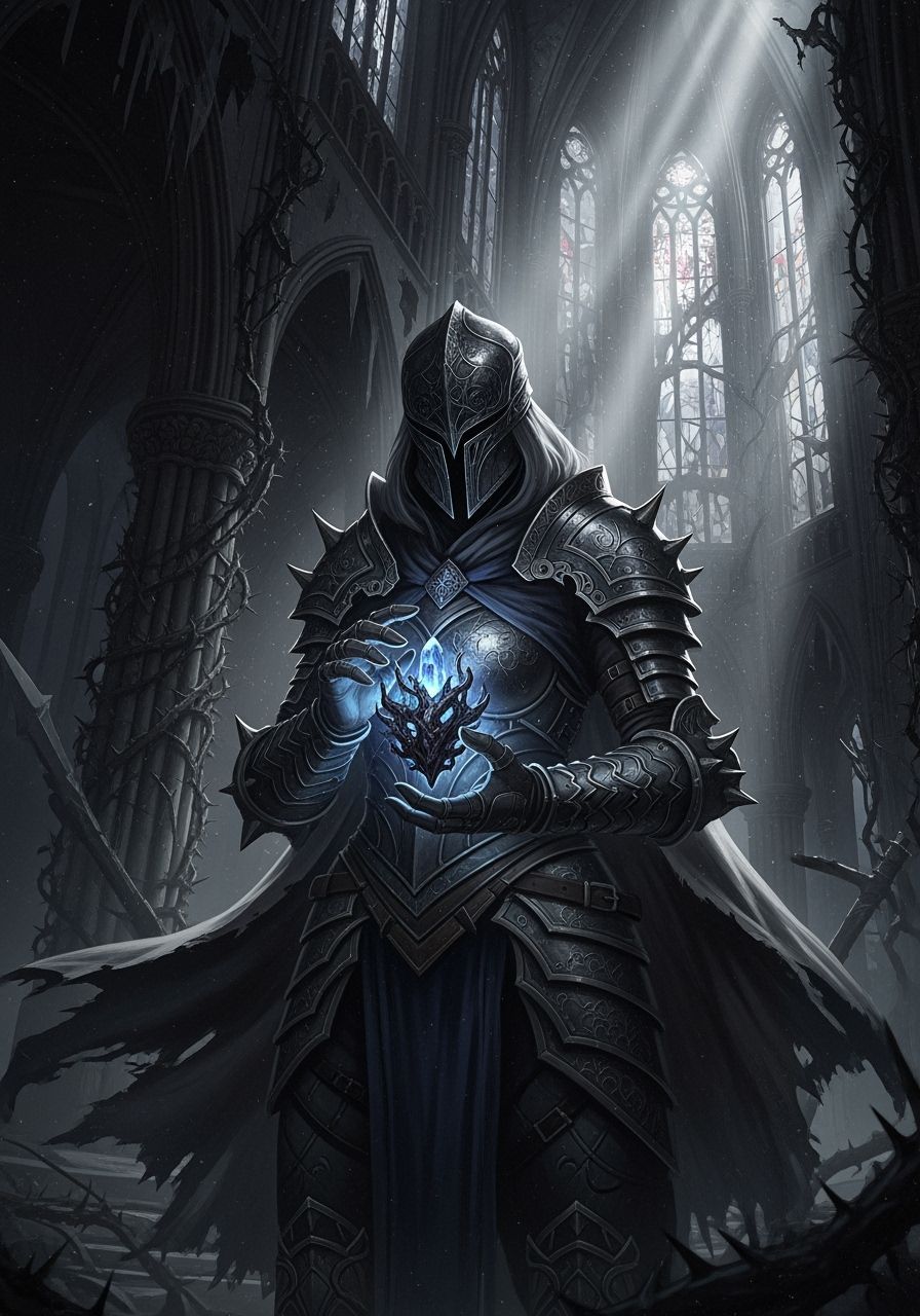 Dark Fantasy Warrior with Glowing Artifact in Gothic Cathedr...