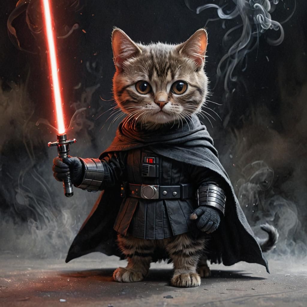 European shorthair Star Wars cat in a miniature Kylo Ren cos...