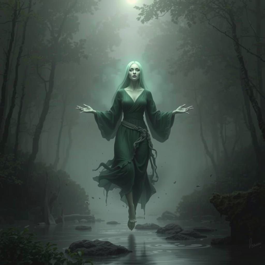 Southeast Asian Ghost Woman in Green Mist Riverbank