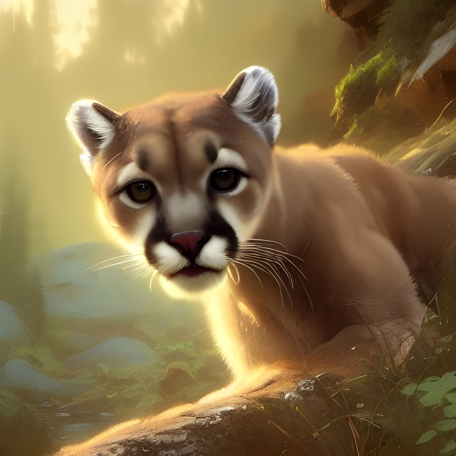 baby cougar by a mountain stream