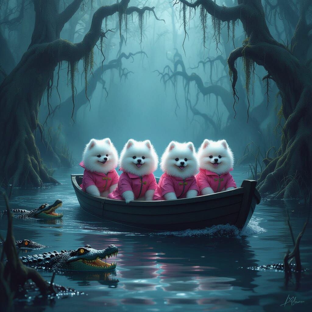 Pomeranians in Pink Raincoats on Spooky Swamp Boat Ride
