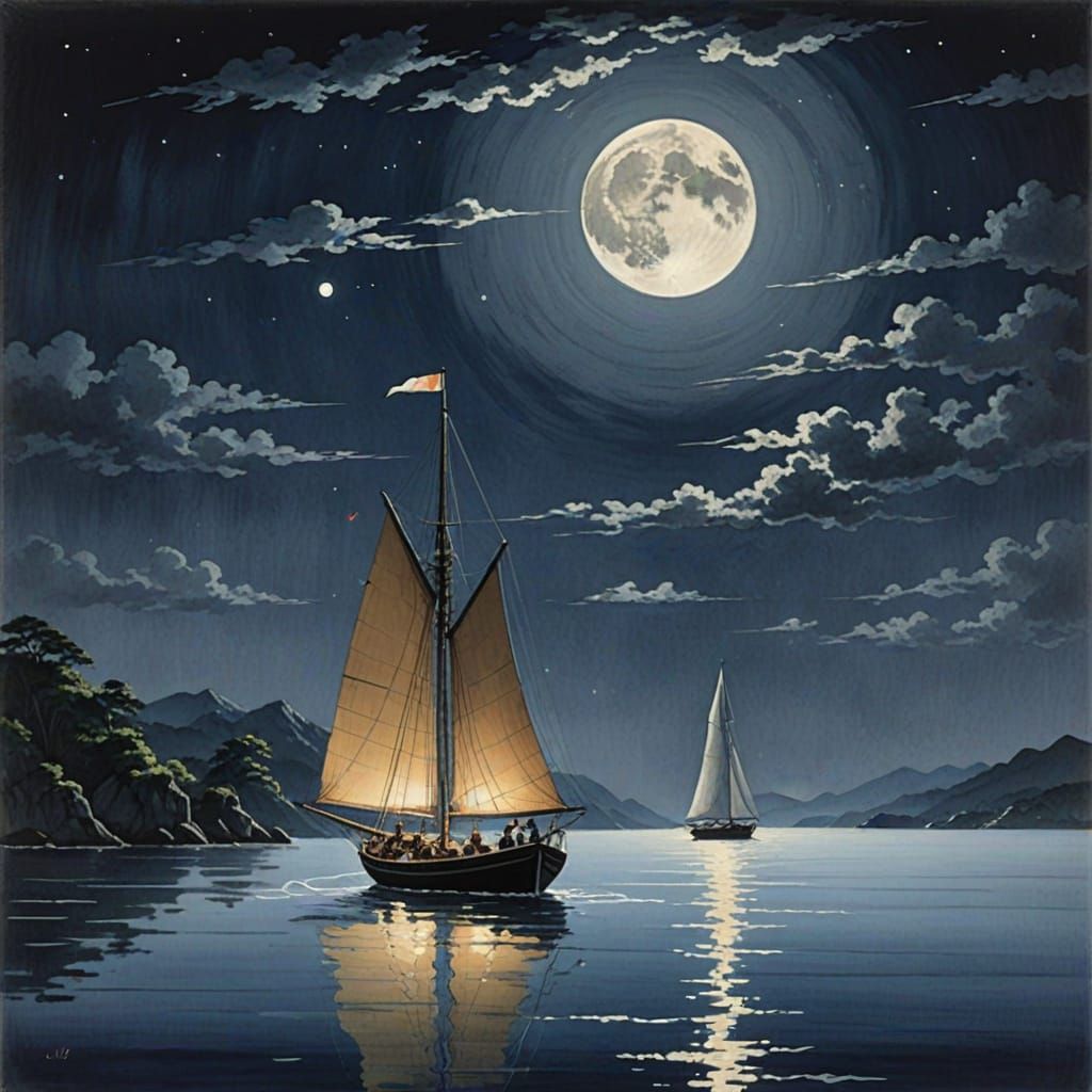 Sailing Boat Silhouetted by Full Moon, Ukiyo-e Style