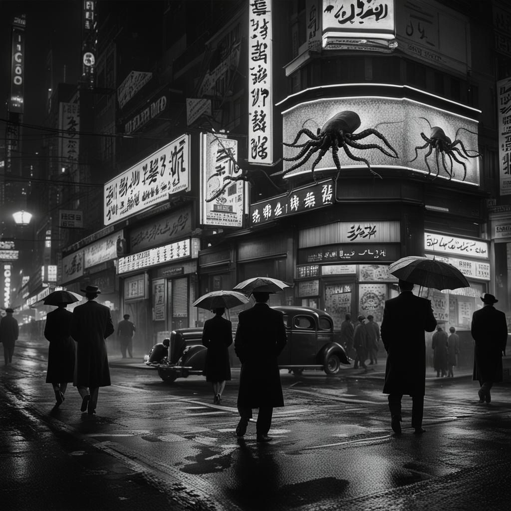 Film Noir Octopi in Tokyo: A Cinematic Still