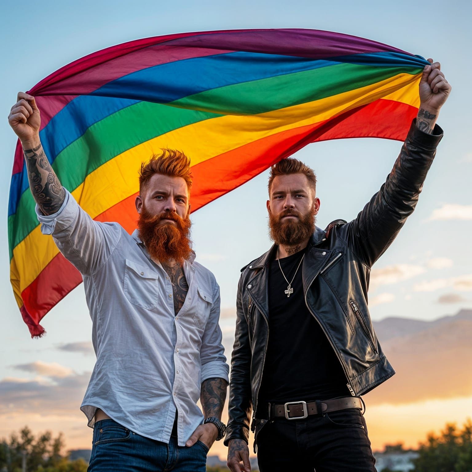 Men with Rainbow Flag Waving in the Wind