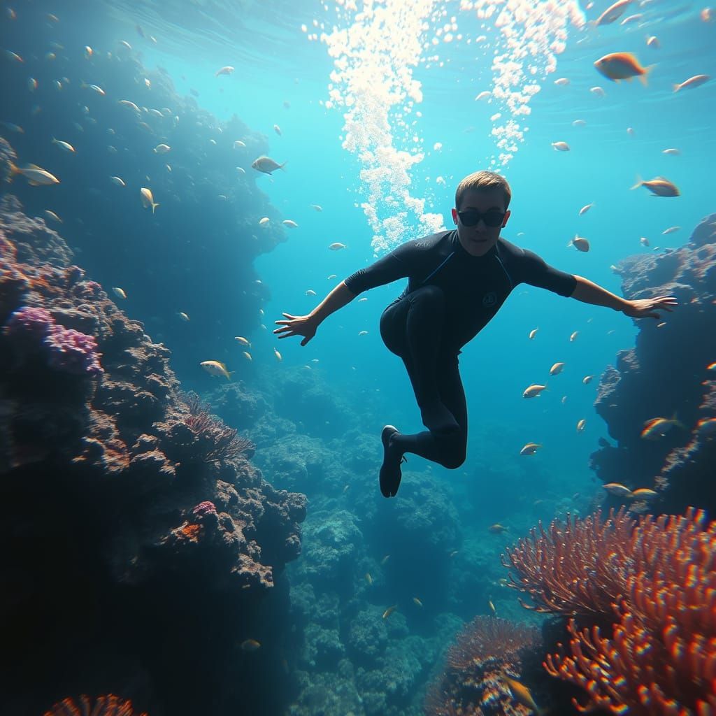 Vibrant Ocean Scene with Diver and Schools of Fish