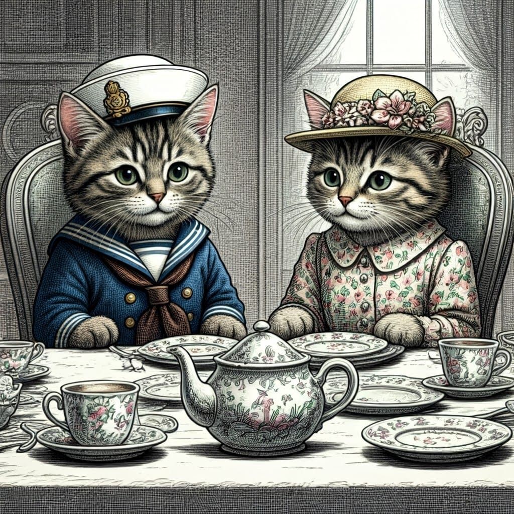 Style of Tenniel, a black and white drawing of a tabby kitten wearing a sailor suit and a tabby kitten wearing a dress a...