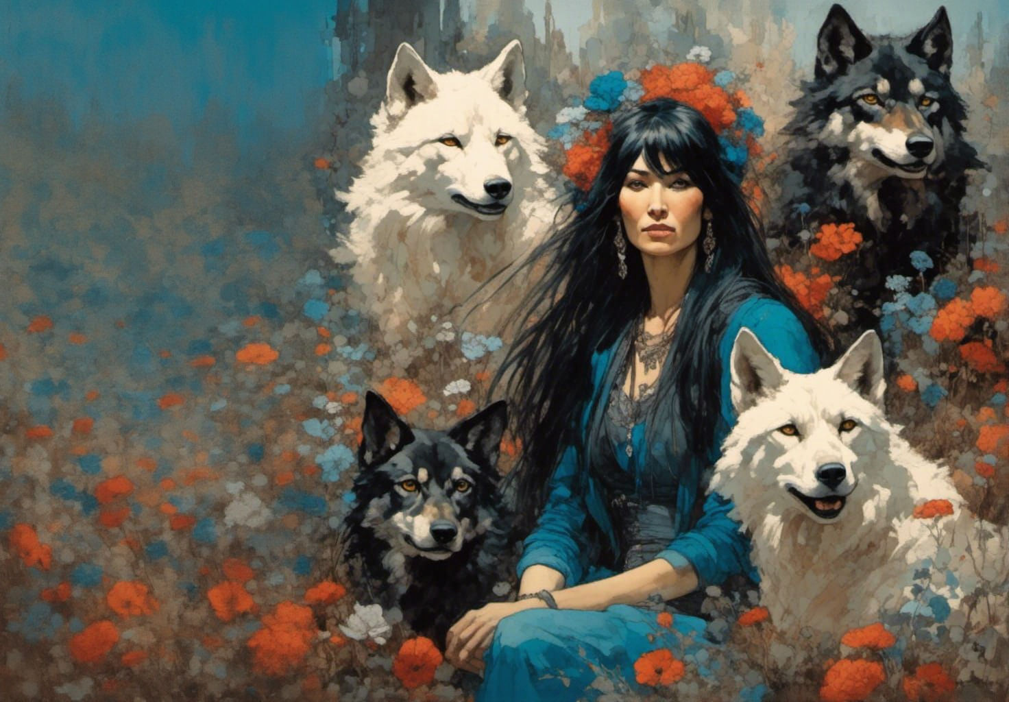 Punk Woman Surrounded by Wolves: an Impasto Painting