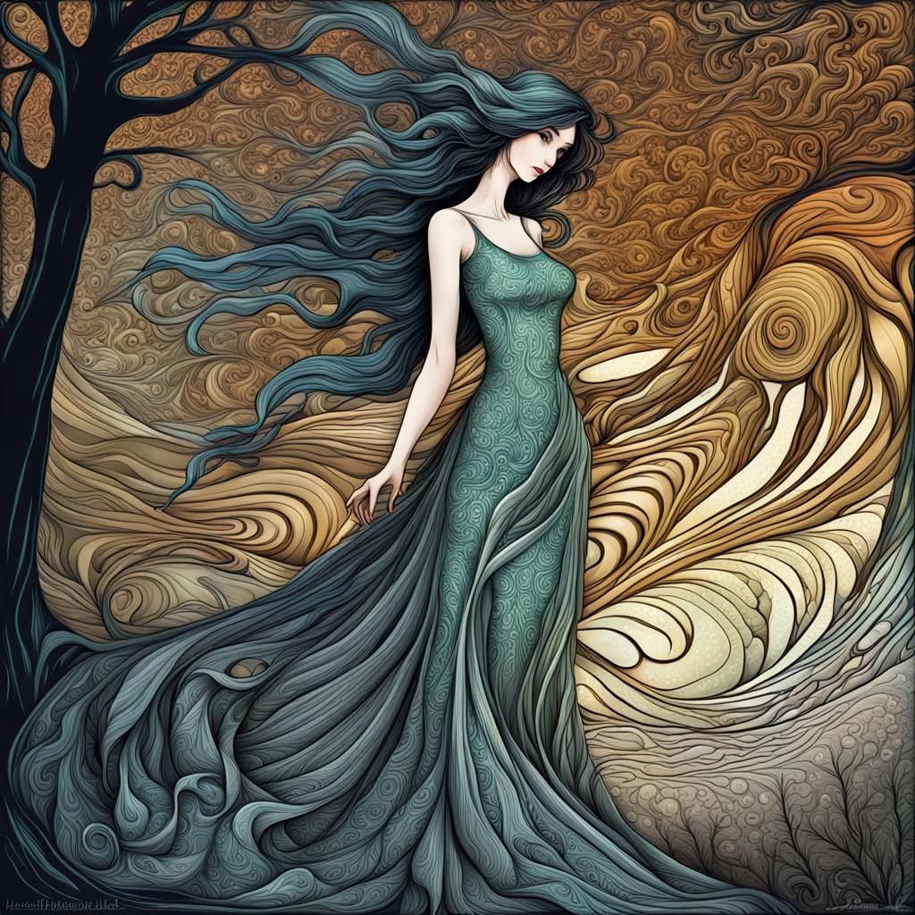 Fairy in Woods: Linocut Fractal Art