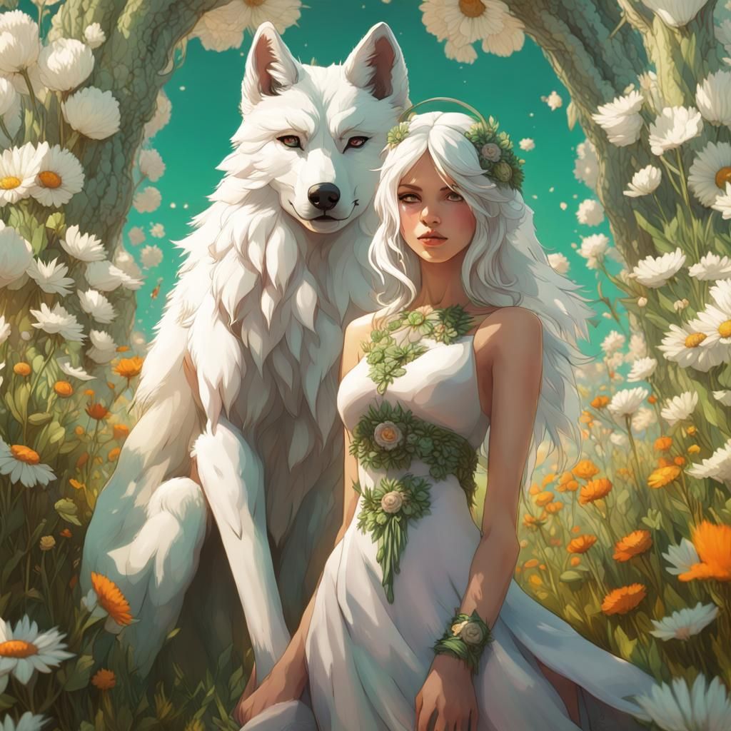 Woman with Wolf Features in Flower Field