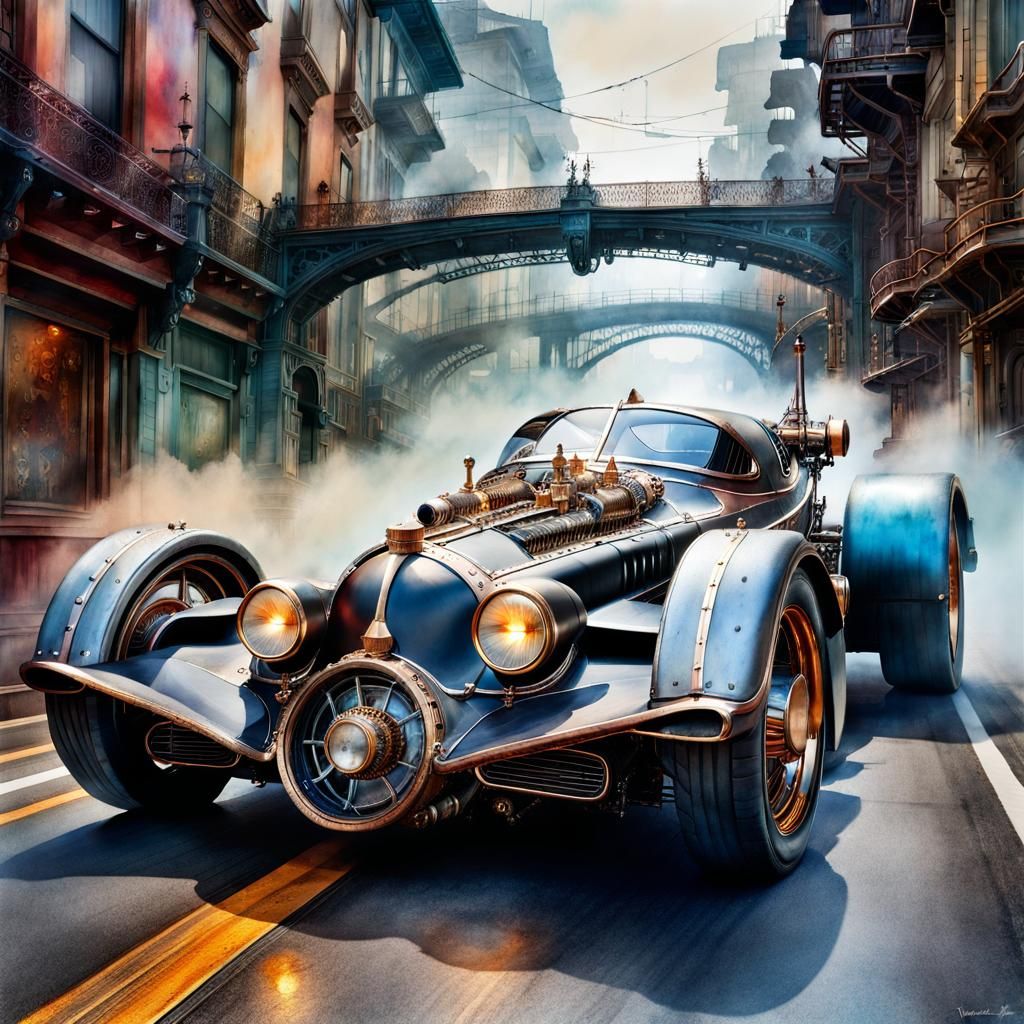 Steampunk BATMOBILE watercolor