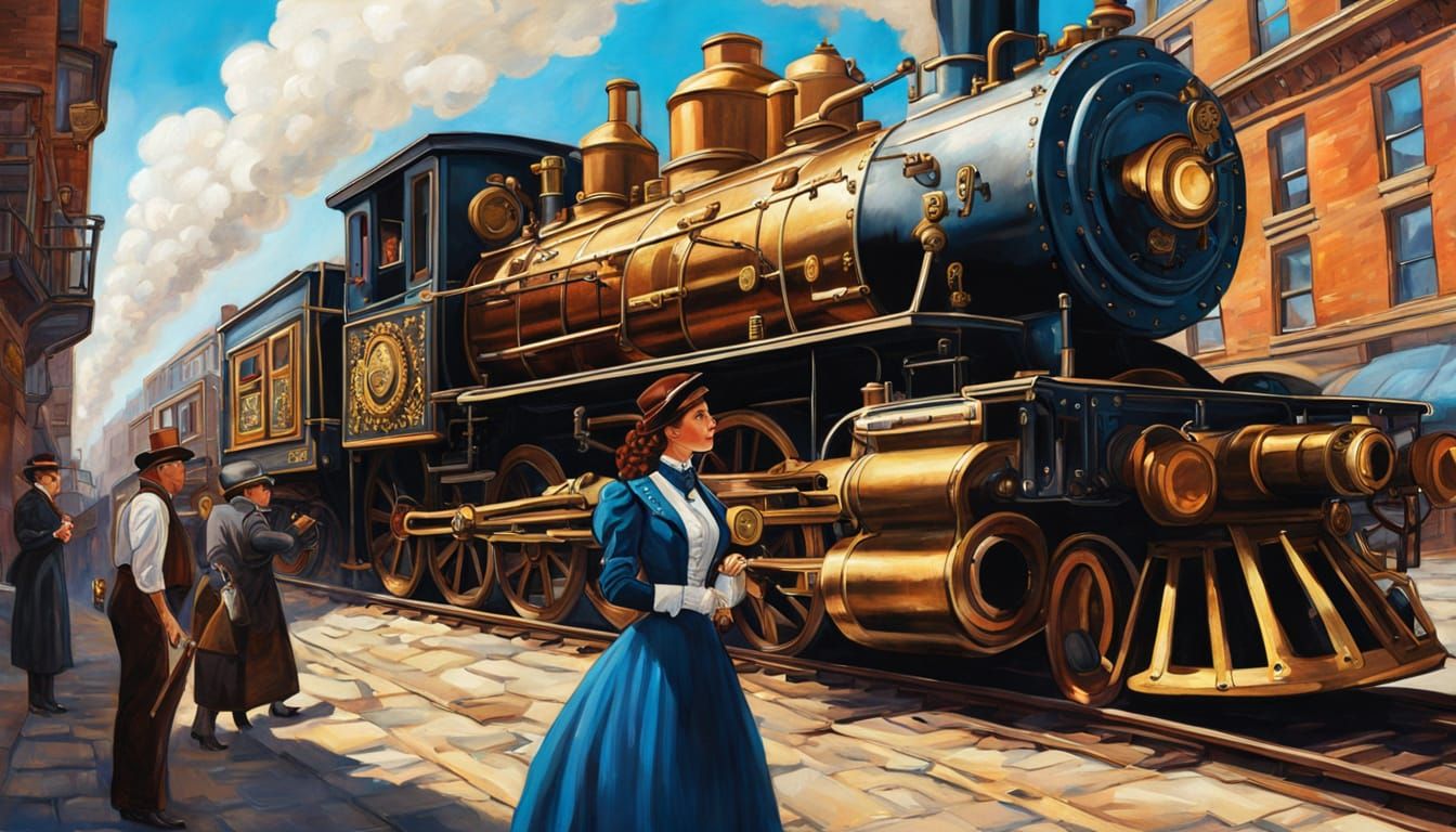 Victorian Steampunk Cityscape with Locomotive
