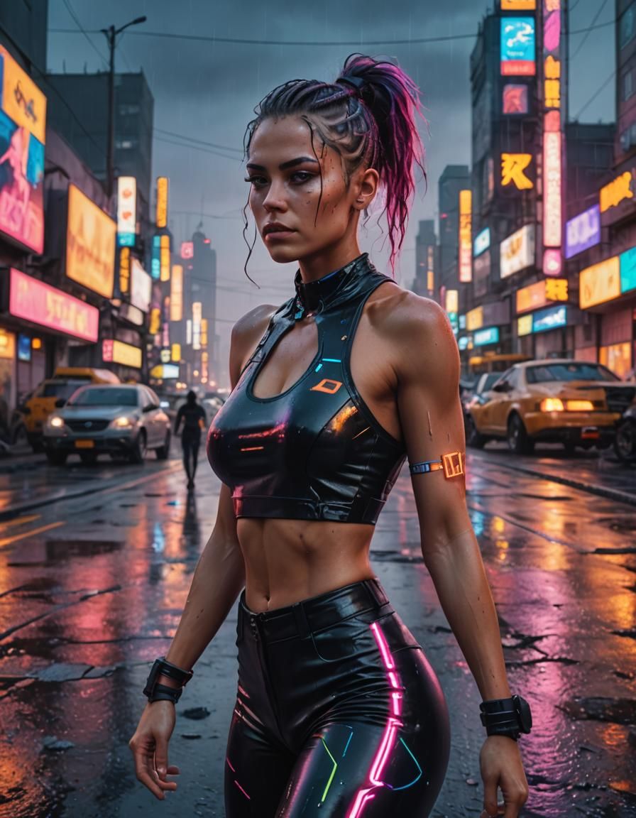 Cyberpunk Woman in Neon Cityscape at Dawn