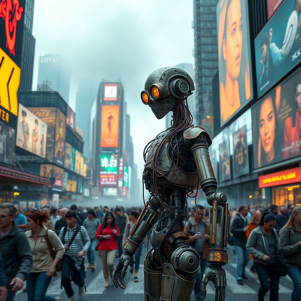 Android in Dystopian Cityscape, Cyberpunk Art
