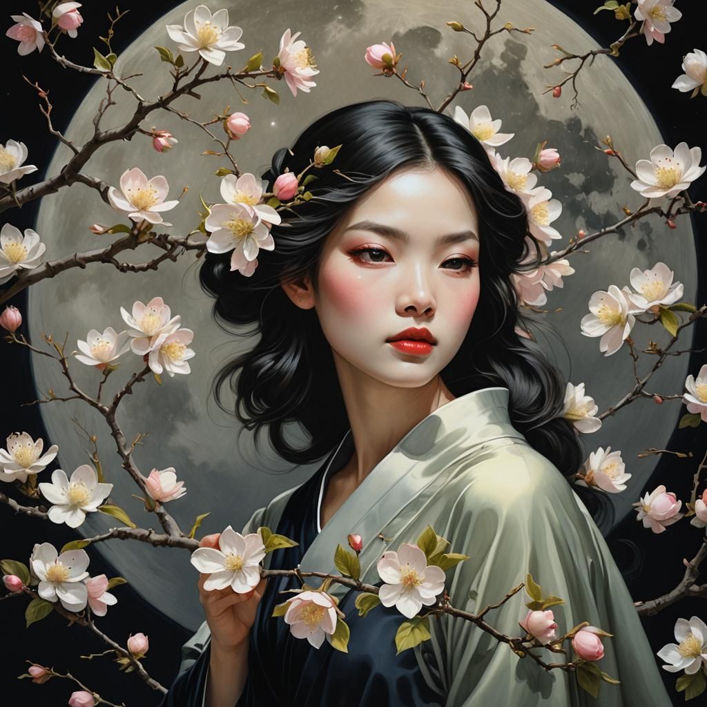 Apple Blossom Woman Portrait in High Contrast