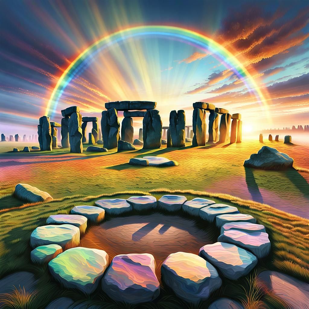 Stonehenge Rainbow: Mystical Dawn Landscape as Impressionist...