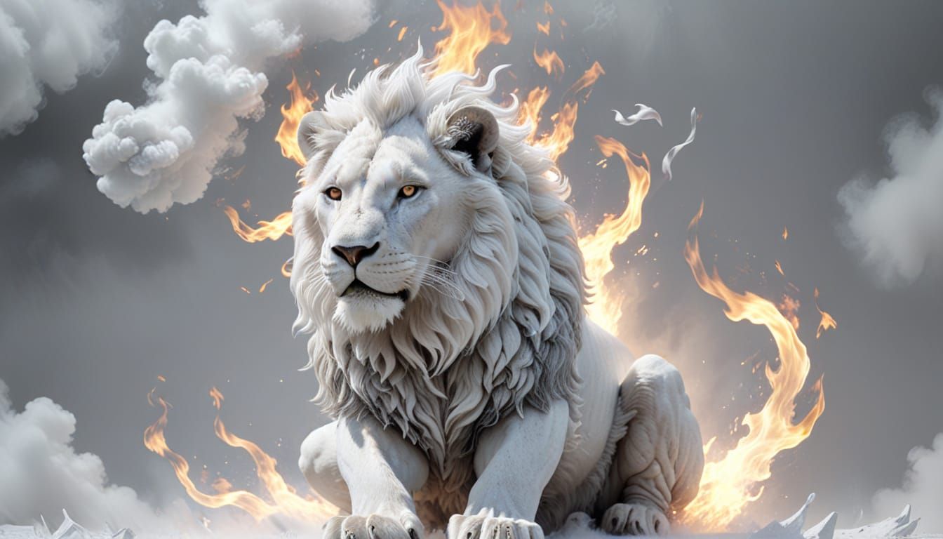 Lion Wrapped in White Fire Aura - Photorealistic 8K