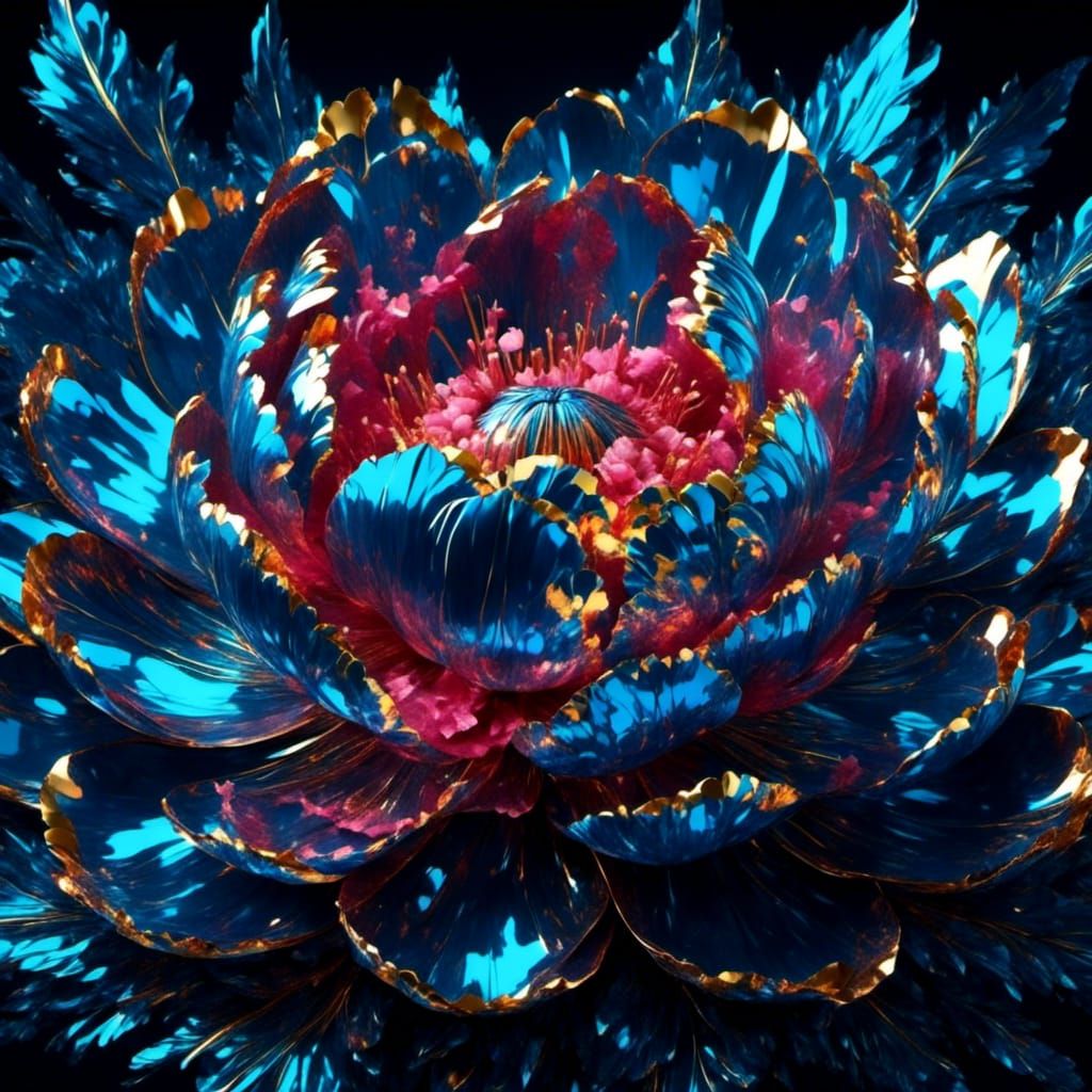 Exploding Glass Peony in Surreal Bioluminescent Bloom