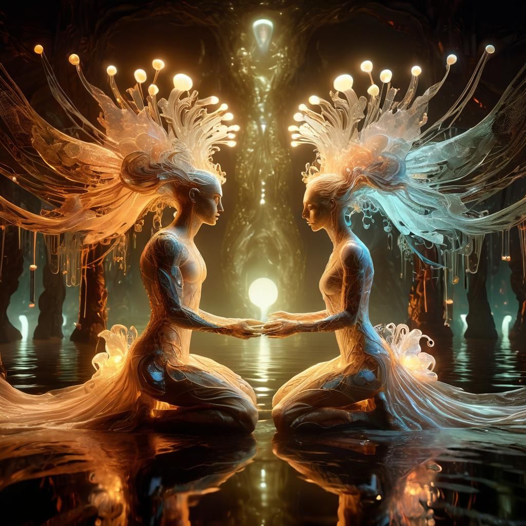 Glowing Sculptures in Surreal Futuristic Scene