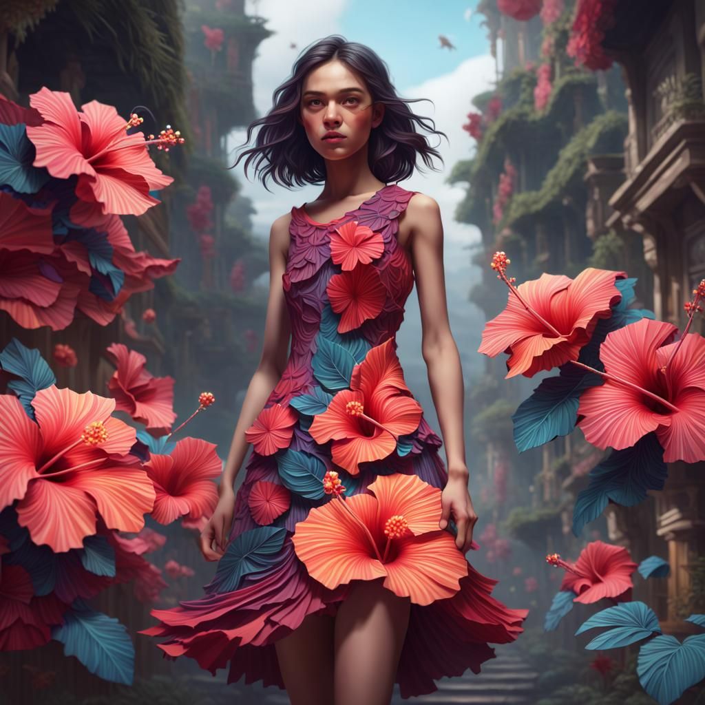 Girl in Hibiscus Dress: Multilayered Paper Art