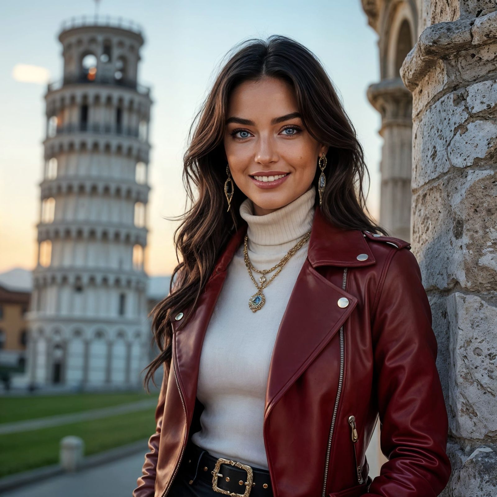 Woman Posing at Leaning Tower of Pisa, Cinematic Style