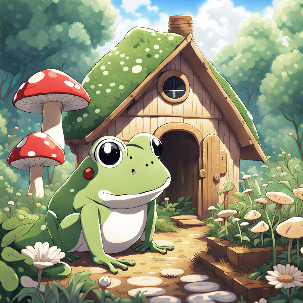 Cartoon Frog's Garden: Anime Style Illustration