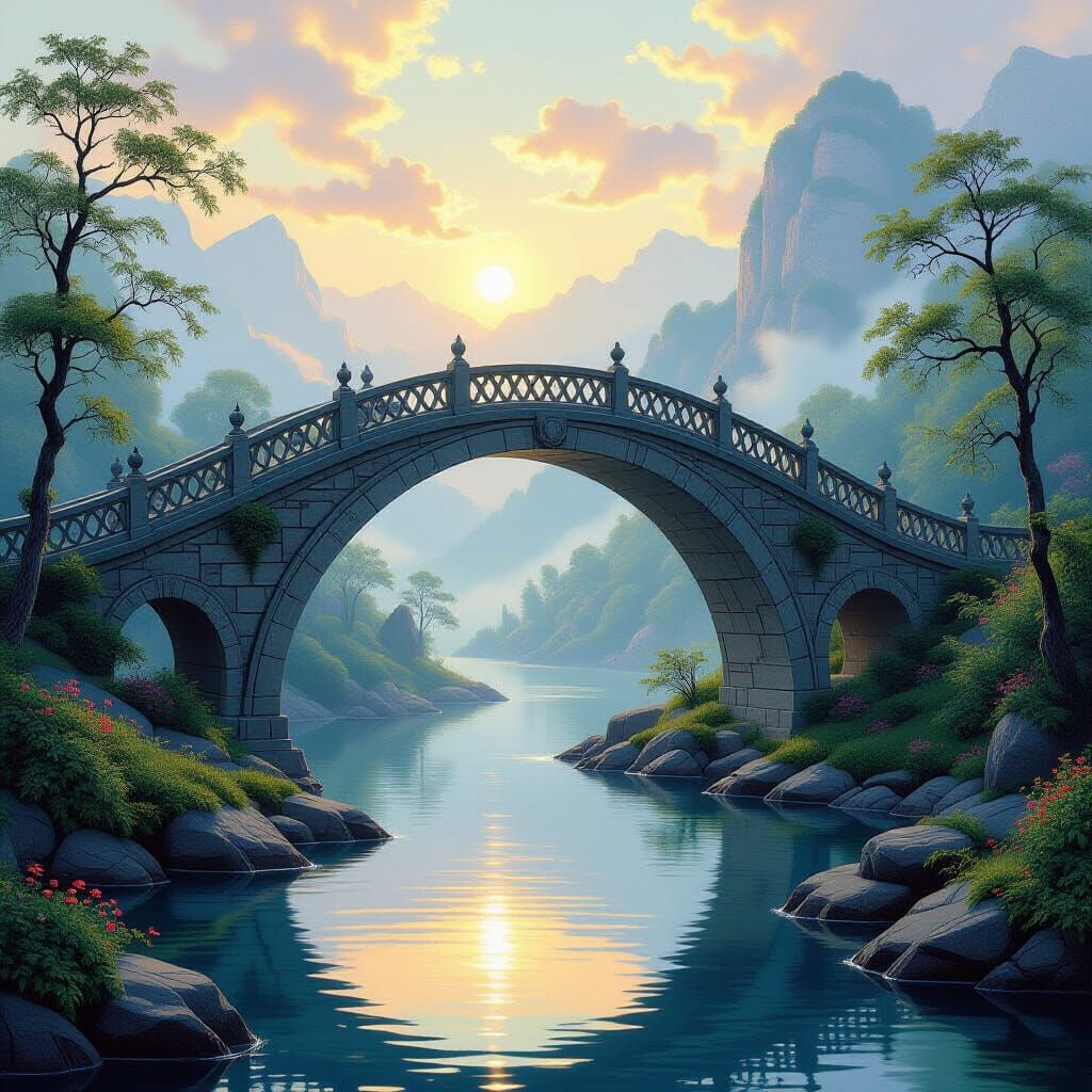 Ethereal Stone Bridge in Luminous Fantasy Art Style