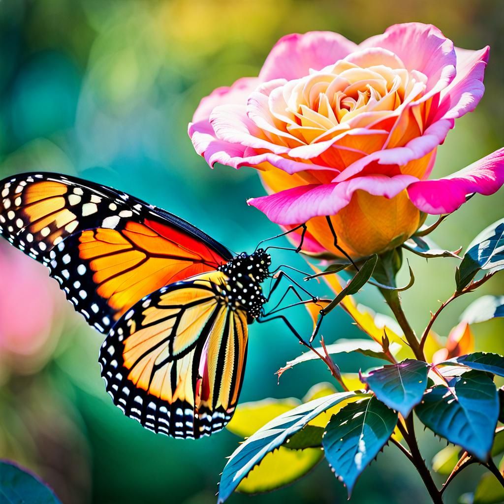 Butterflies on Rose Bush in Impressionistic Style