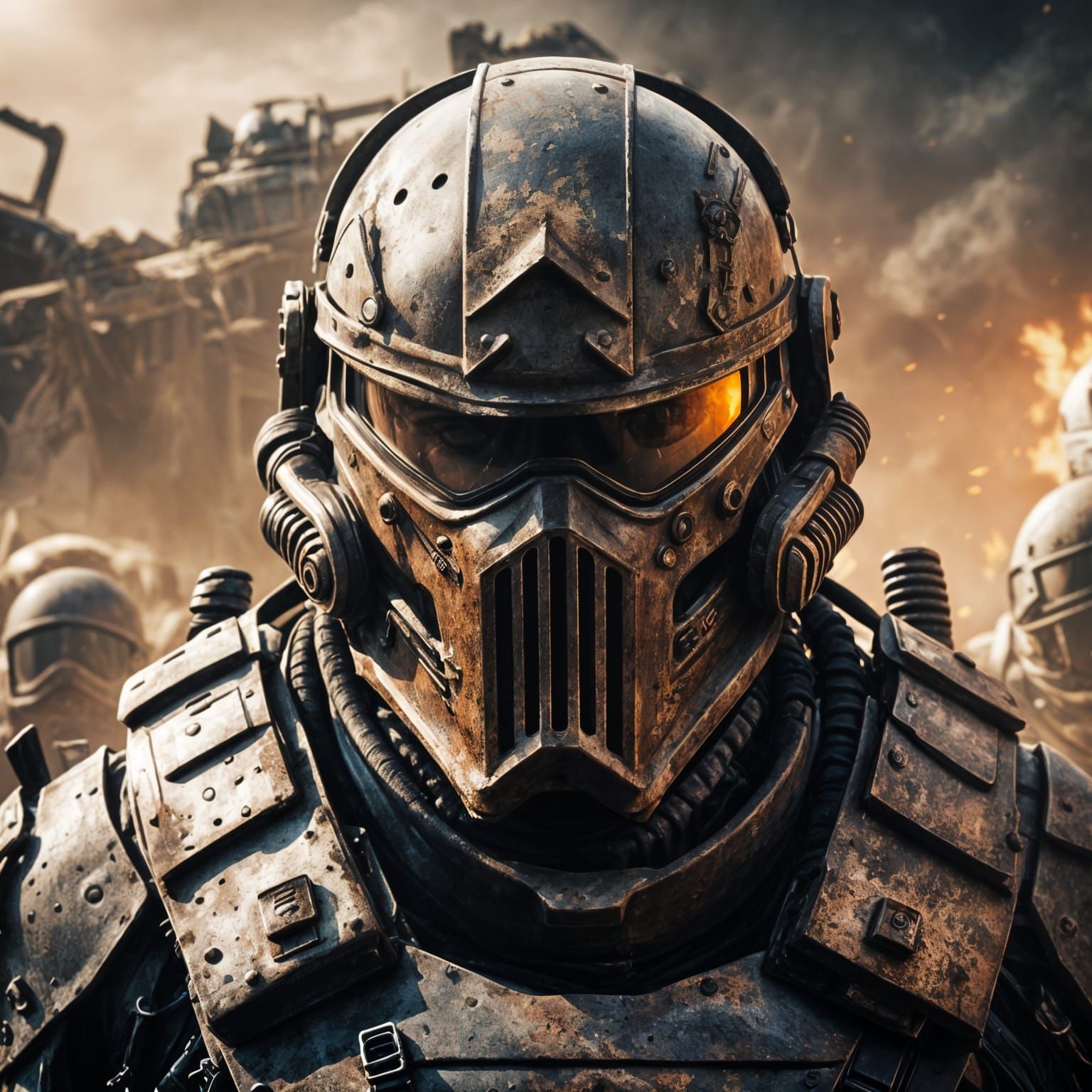 Apocalyptic Soldier in Rusty Helmet: Cinematic Still