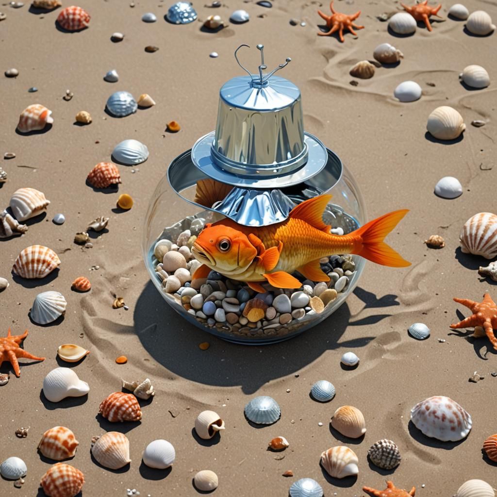 Cartoon Goldfish and Cat-Crab on Metaverse Beach