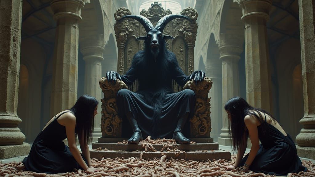 Goat Monster on Occult Throne in Satanic Church