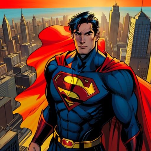 Superman in Heroic Pose, Dynamic Comic Book Art