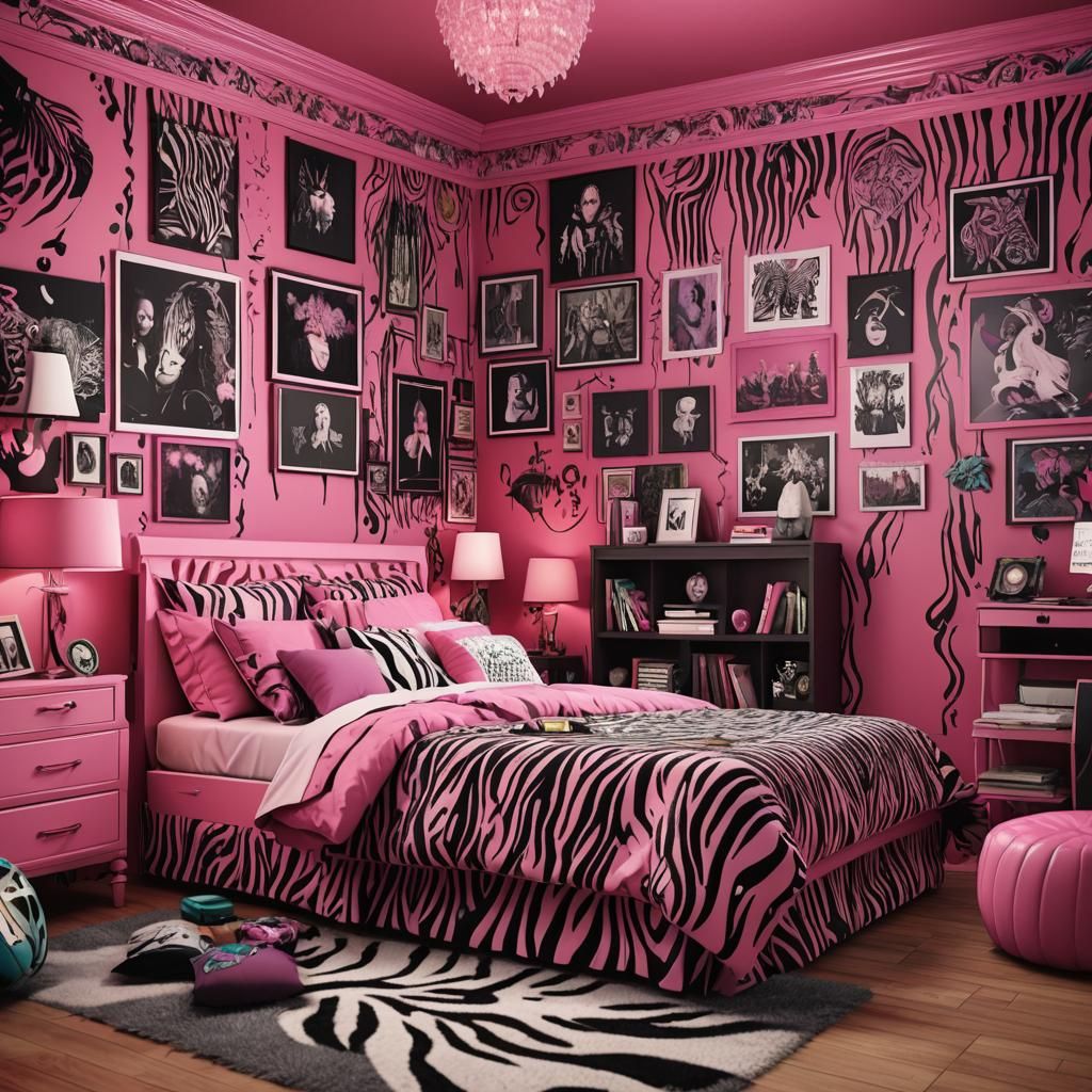 2000s Emo Teen Bedroom in Pink Zebra Print