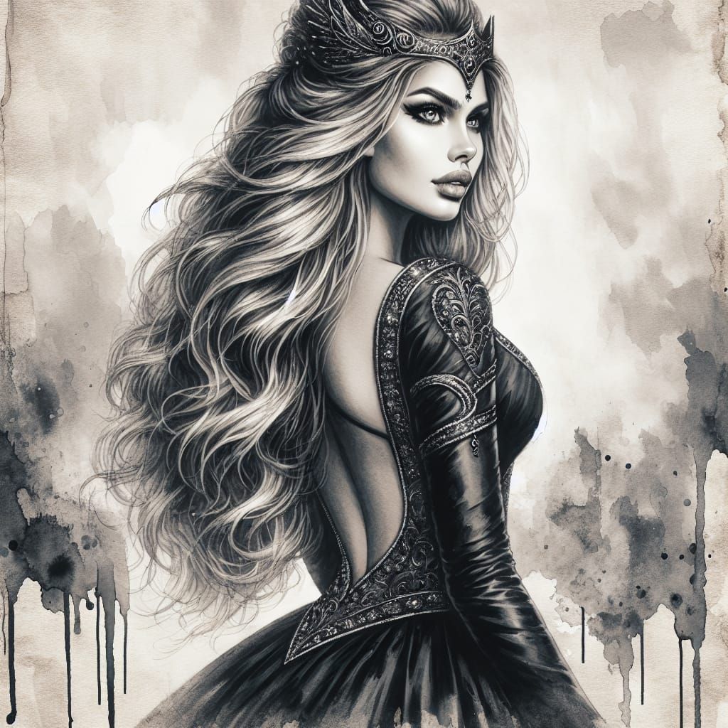 Regal Norse Goddess in Ink and Watercolor