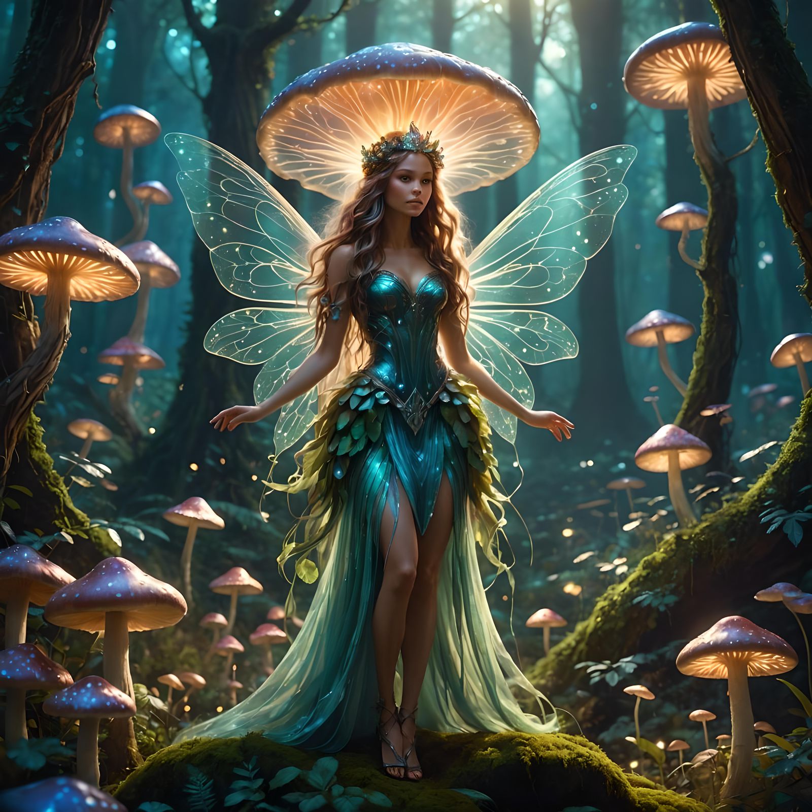 Digital concept art illustration of a fairy princess, with shimmering gossamer wings and flowing hair, interacting with ...