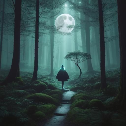 A whimsical Monemann wanders through a moonlit forest filled...