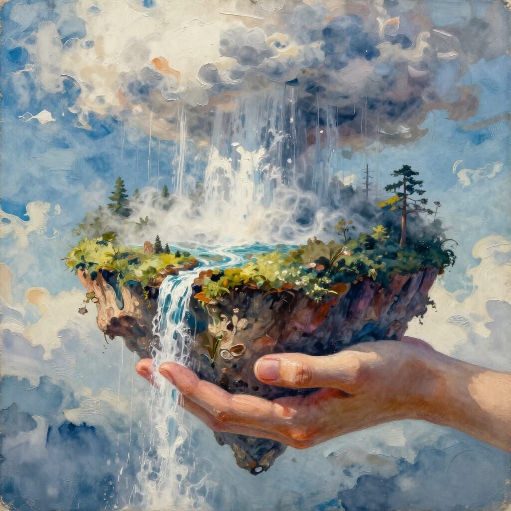 Surreal Floating Island with Upward Waterfalls