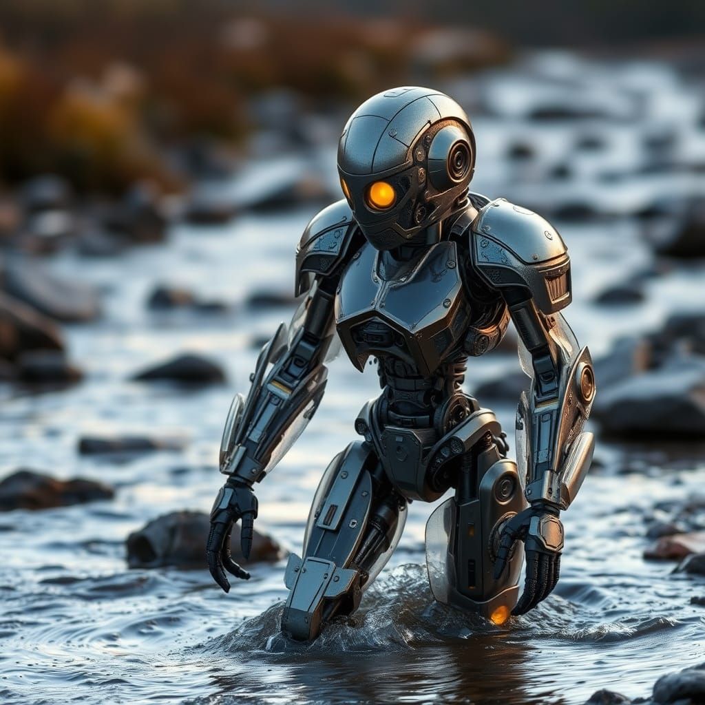 Steampunk Robot Emerges from Mountain Stream