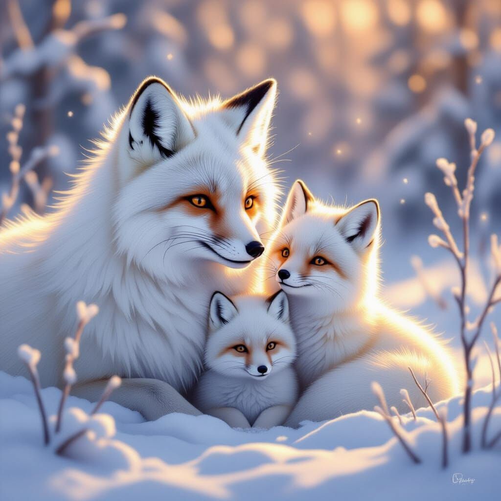 Snow Fox Family in Frosty Winter Landscape
