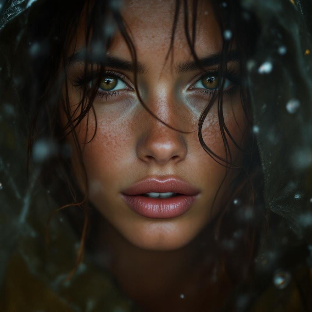 Hyperrealistic Portrait of Confident Woman in Raincoat