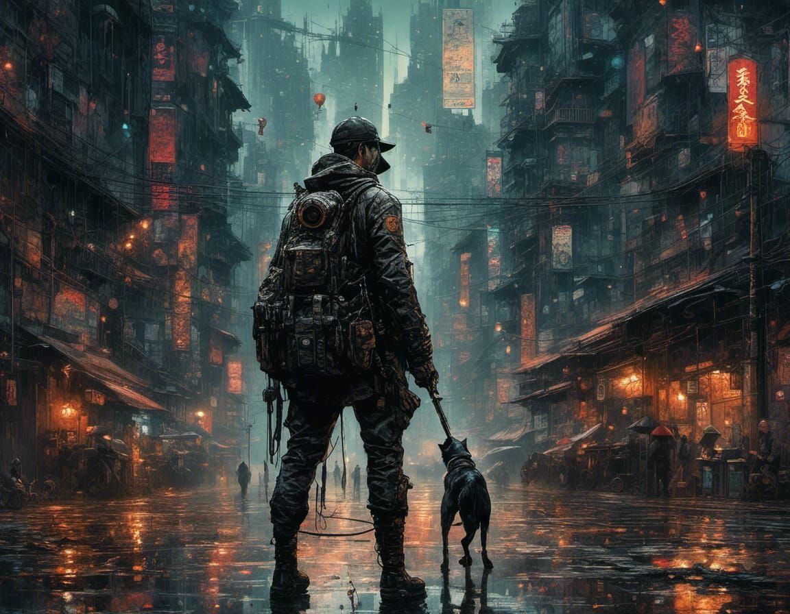 Cyberpunk Hunter Wielding Longbow in Digital Art